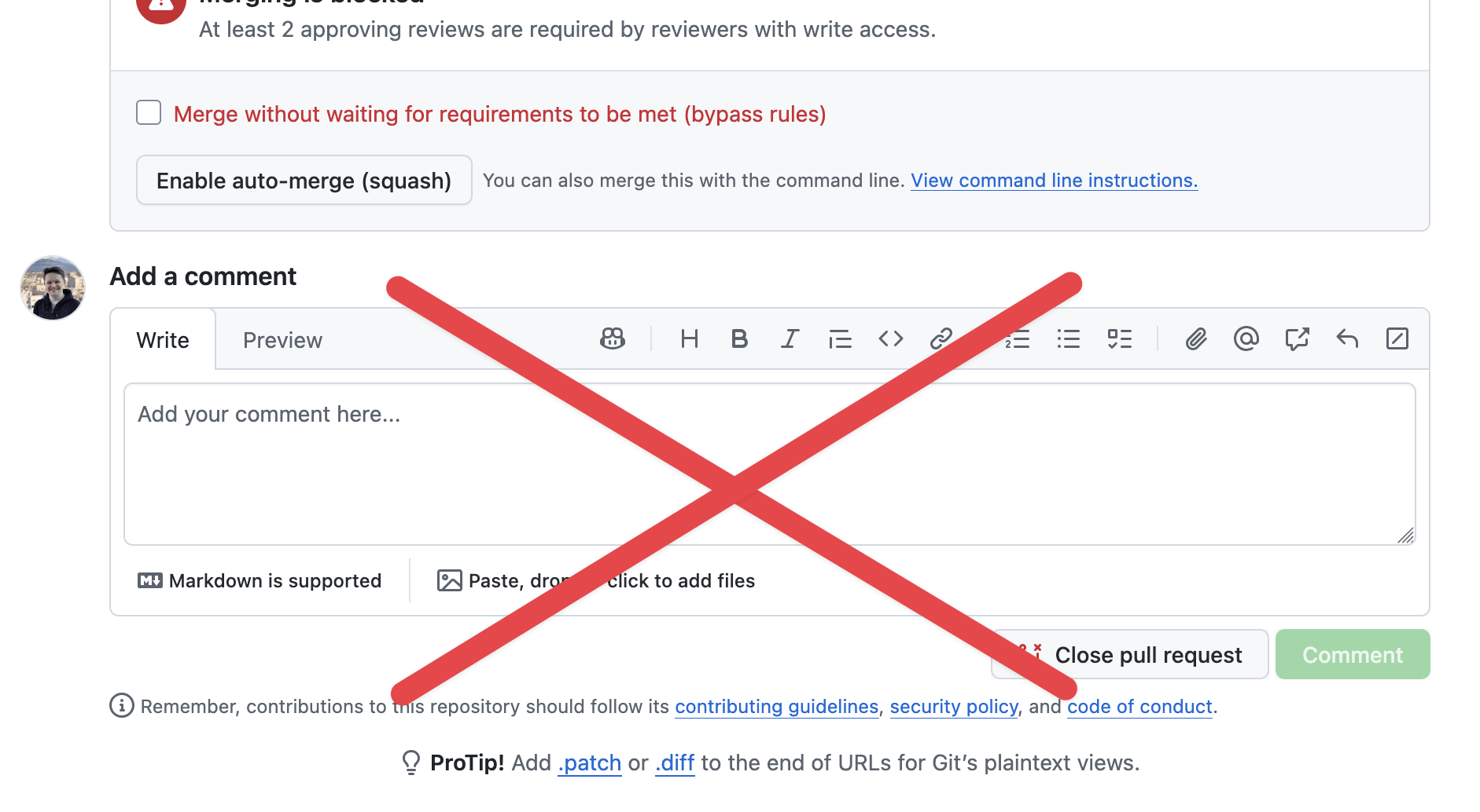 Do not use the general "Add a comment" box in GitHub